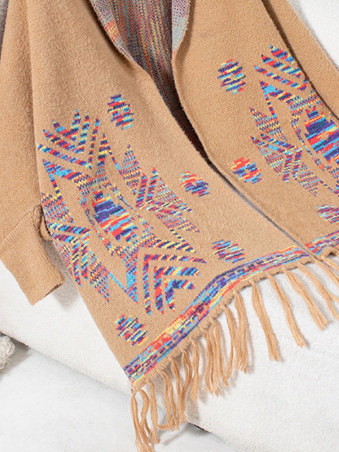 Fringe Geometric Open Front Long Sleeve Cape - Trendsi
