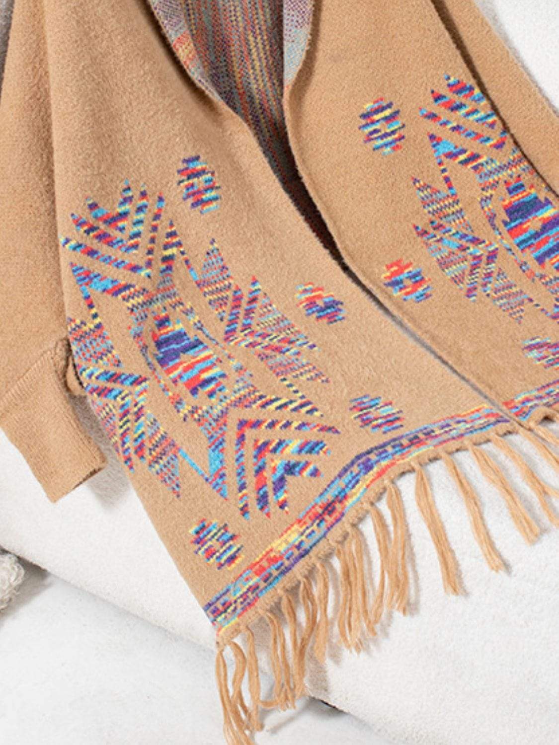 Fringe Geometric Open Front Long Sleeve Cape - Trendsi - Flyclothing LLC