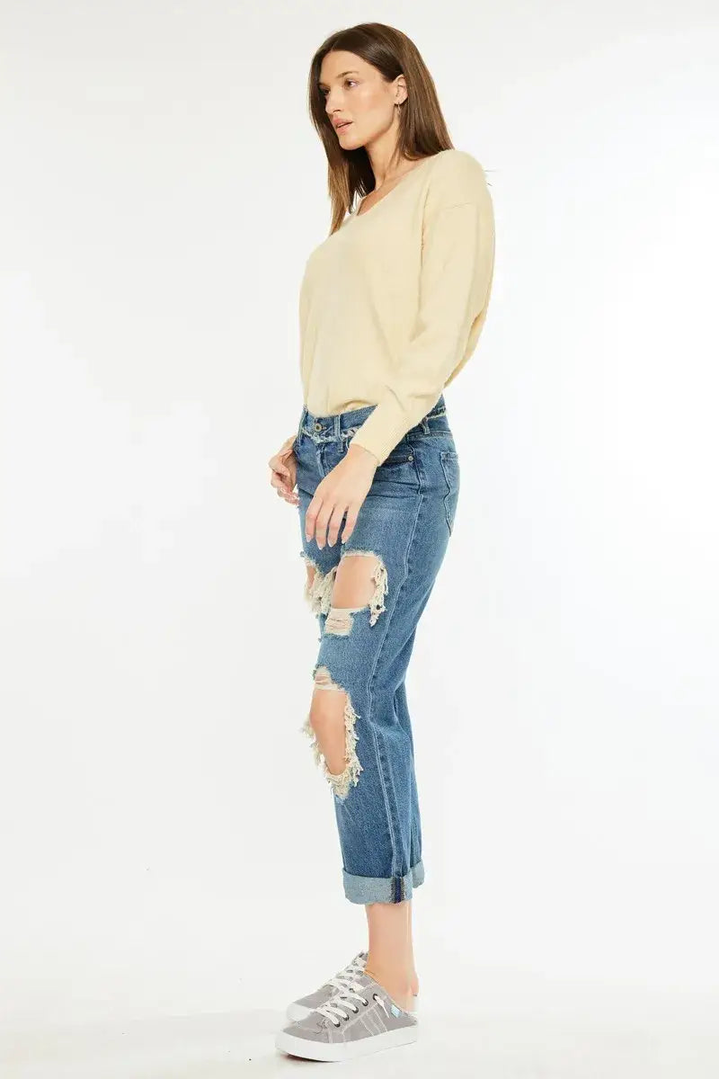 Kancan Distressed Mid Rise True Boyfriend Jeans - Trendsi - Flyclothing LLC