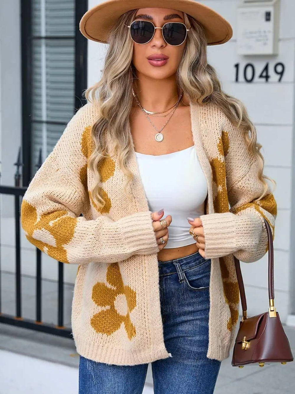 Flower Open Front Long Sleeve Cardigan - Trendsi - Flyclothing LLC