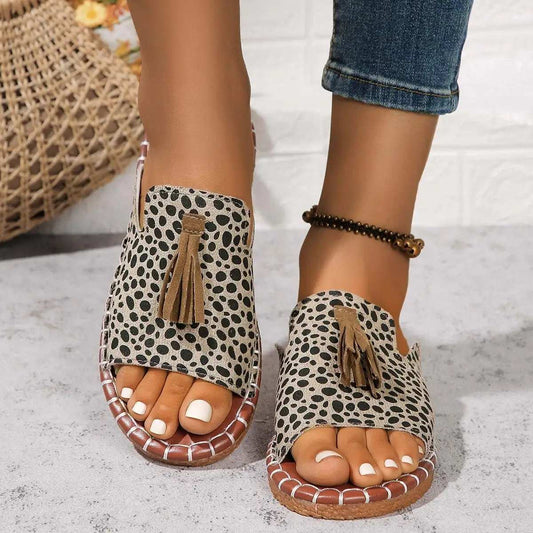 Fringe Leopard Open Toe Sandals - Trendsi - Flyclothing LLC