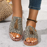 Fringe Leopard Open Toe Sandals - Trendsi
