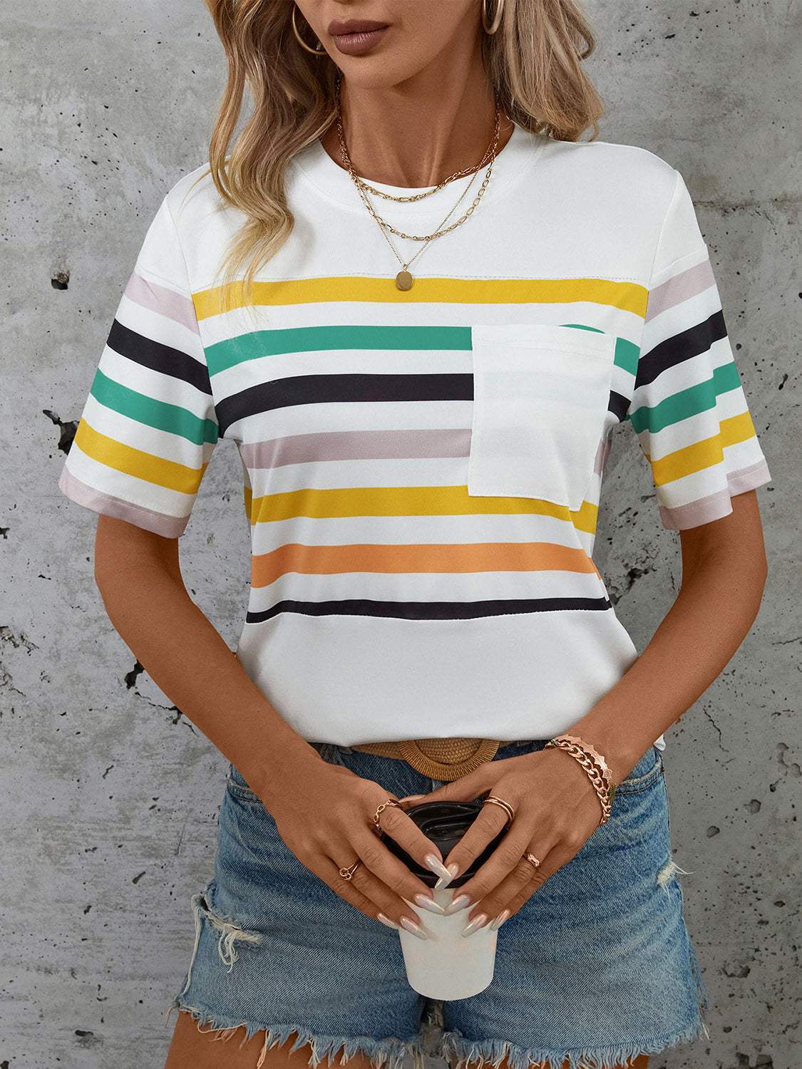 Striped Round Neck Short Sleeve T-Shirt - Trendsi - Flyclothing LLC
