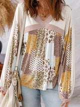 Floral Printed Contrast Patchwork Long Sleeve Top - Trendsi - Flyclothing LLC