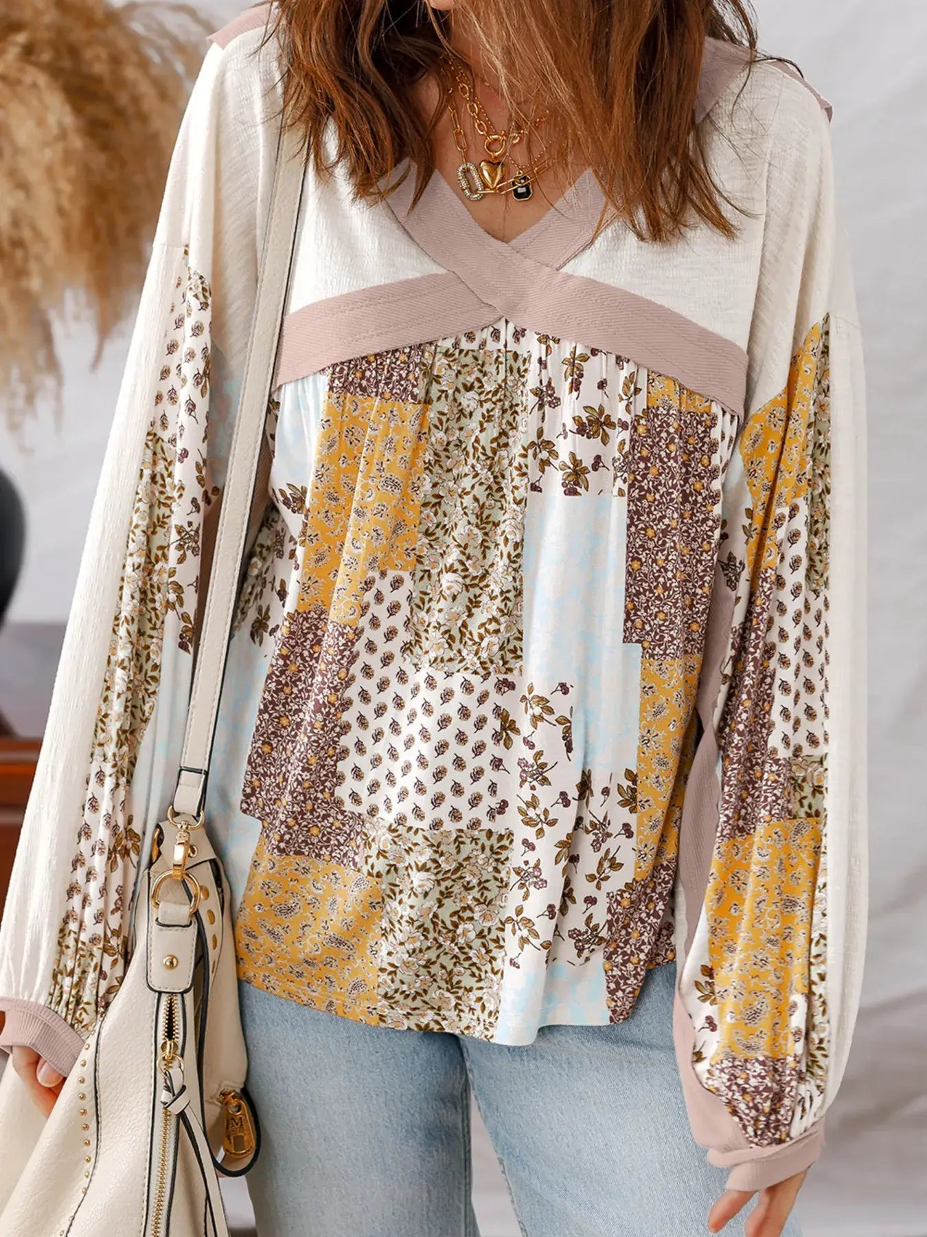 Floral Printed Contrast Patchwork Long Sleeve Top - Trendsi - Flyclothing LLC