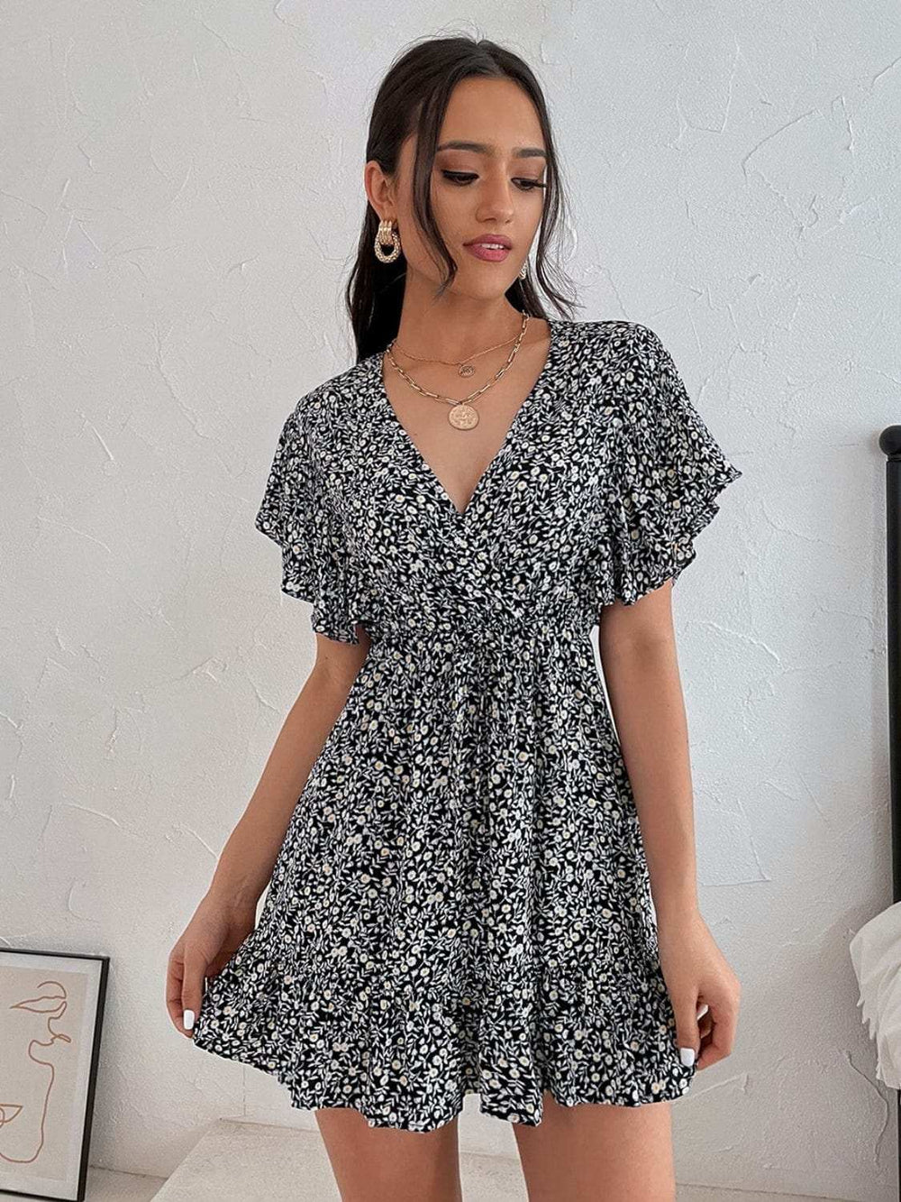 Cutout Ditsy Floral Surplice Flounce Sleeve Dress - Trendsi - Flyclothing LLC