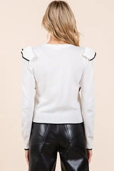 Mittoshop Contrast Trim Ruffled Round Neck Knit Top - Trendsi - Flyclothing LLC