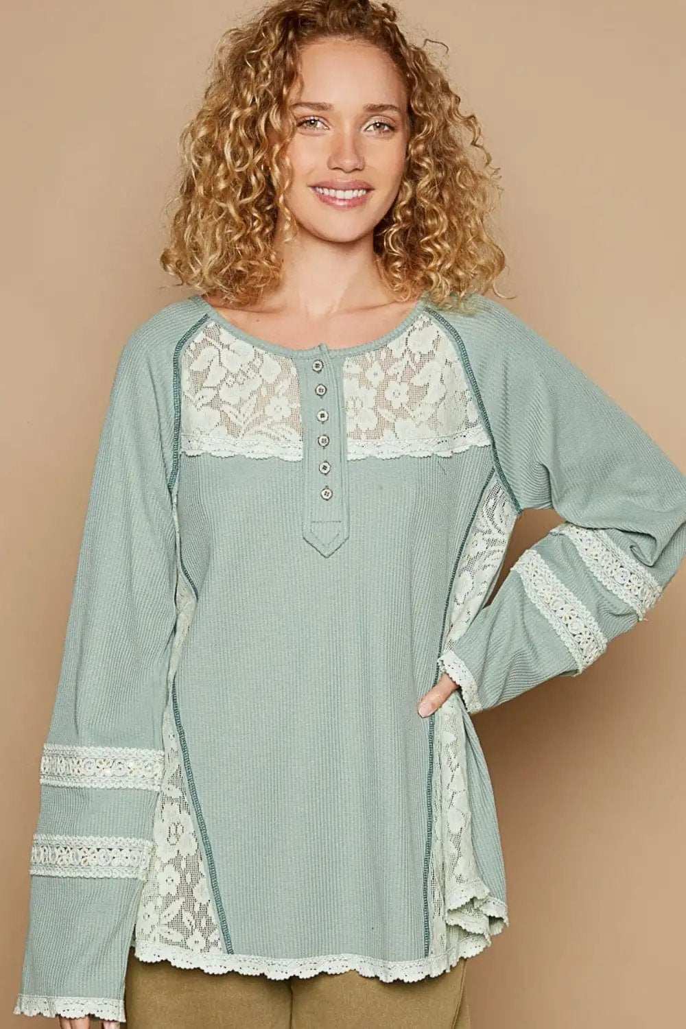 POL Round Neck Long Sleeve Lace Trim Thermal Top - Trendsi - Flyclothing LLC