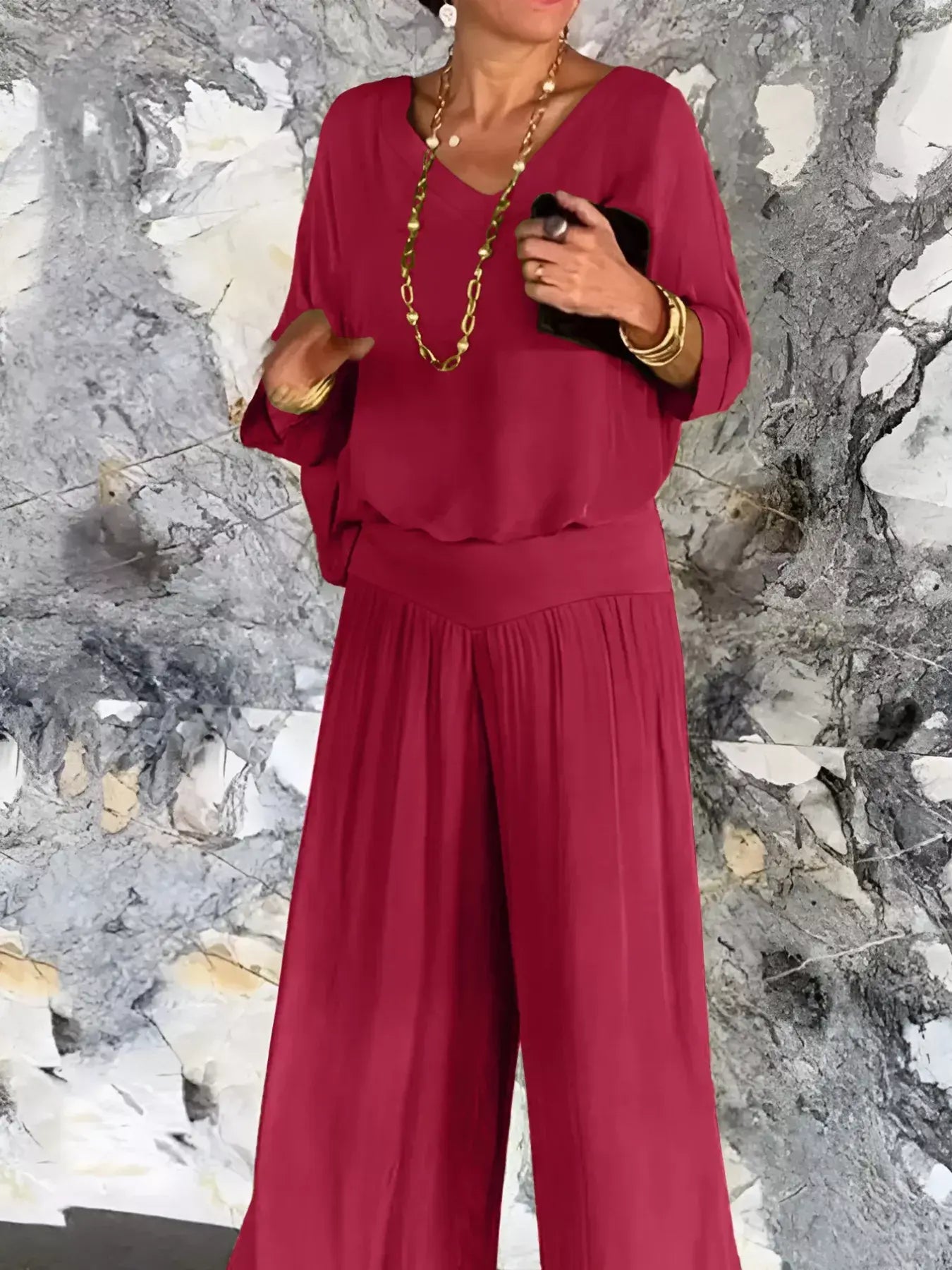 V-Neck Top and Wide Leg Pants Two-Piece Set - Trendsi - Flyclothing LLC