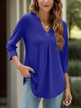 Notched Three-Quarter Sleeve T-Shirt - Trendsi - Flyclothing LLC
