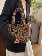 Leopard Fluff Handbag with Zip - Trendsi