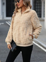 Fuzzy Quarter Zip Long Sleeve Sweatshirt - Trendsi - Flyclothing LLC
