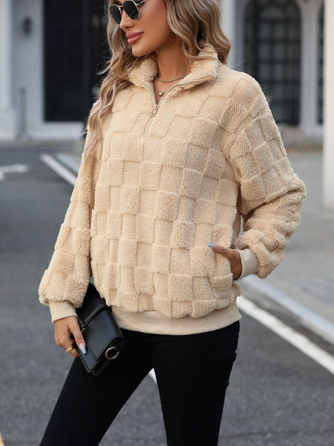 Fuzzy Quarter Zip Long Sleeve Sweatshirt - Trendsi - Flyclothing LLC