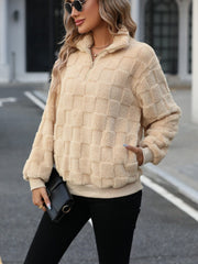 Fuzzy Quarter Zip Long Sleeve Sweatshirt - Trendsi