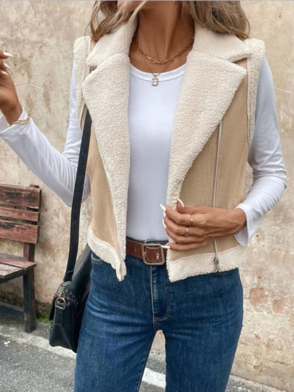 Zip Up Sherpa Vest Coat - Trendsi