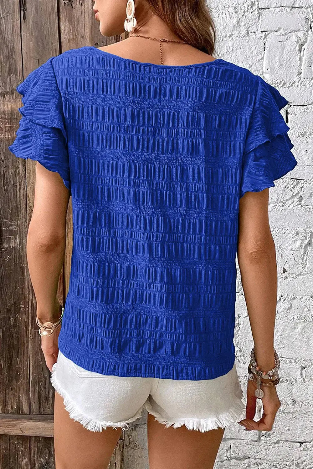 Round Neck Ruffle Sleeve Blouse - Trendsi - Flyclothing LLC
