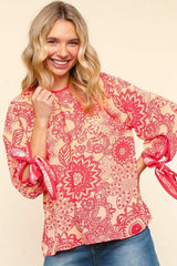 Haptics Ribbon Bow Detail Floral Round Neck Blouse - Trendsi - Flyclothing LLC