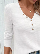Waffle Knit Button-Detail V-Neck T-Shirt - Trendsi - Flyclothing LLC