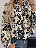 Perfee Printed Notched Long Sleeve Shirt - Trendsi