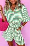 Striped Half Sleeve Tie Waist Romper - Trendsi