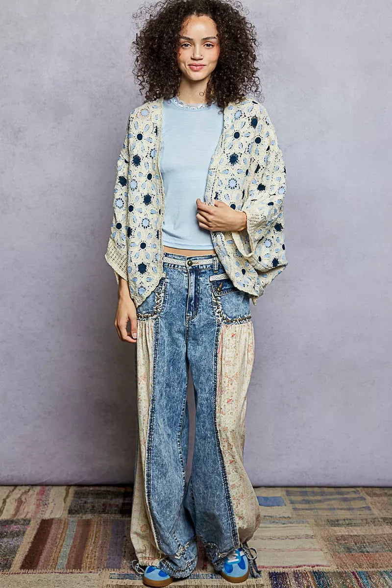 POL Open Front Floral Pattern Crochet Cardigan - Trendsi - Flyclothing LLC