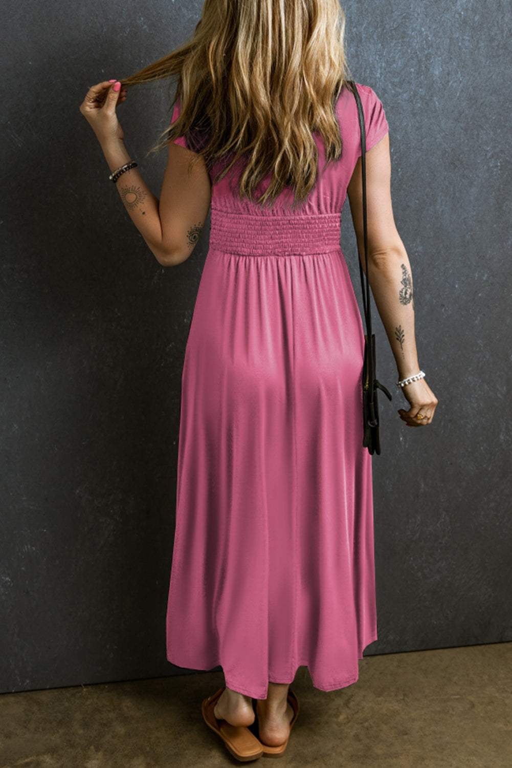 Smocked V-Neck Short Sleeve Dress - Trendsi - Flyclothing LLC
