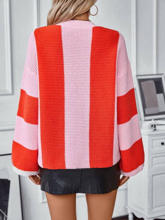 Color Block Round Neck Long Sleeve Sweater - Trendsi