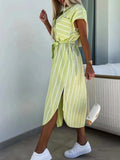 Striped Tie Waist Short Sleeve Dress - Trendsi - Flyclothing LLC