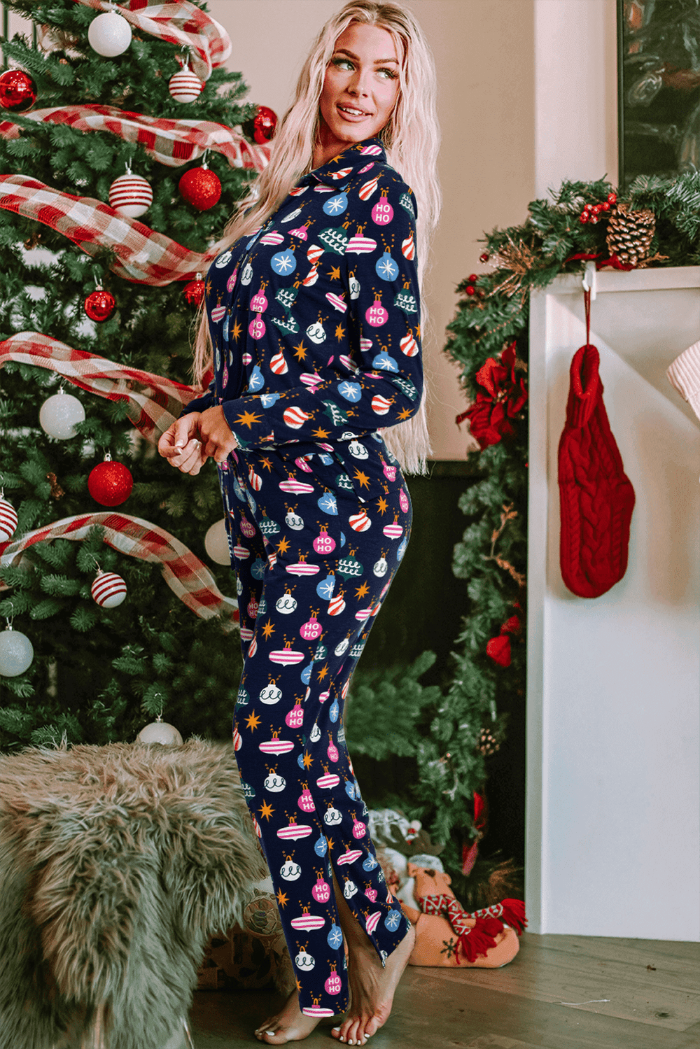 Christmas Lights Print Collared Neck Top and Pants Set - Trendsi - Flyclothing LLC