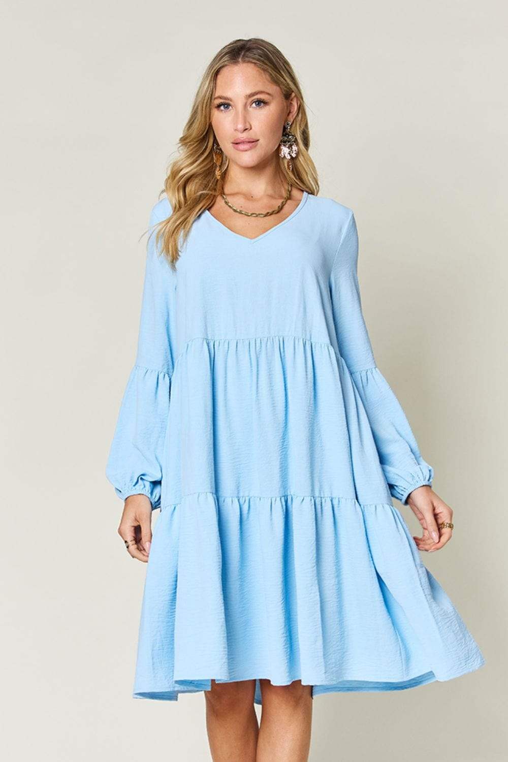 Double Take Full Size V-Neck Balloon Sleeve Tiered Dress - Trendsi - Flyclothing LLC