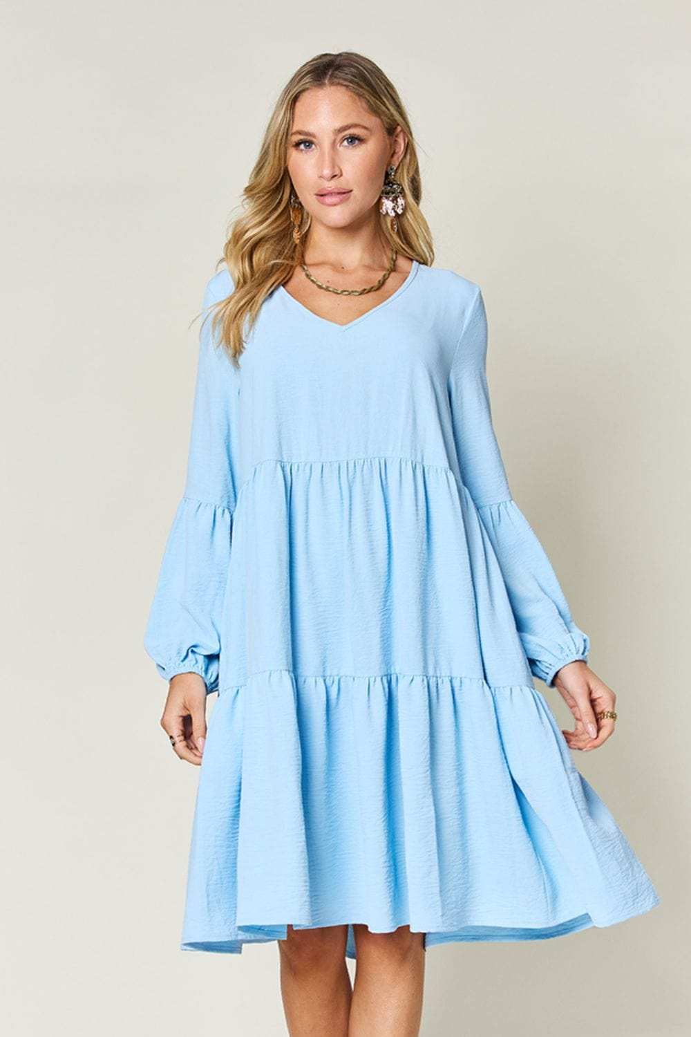 Double Take Full Size V-Neck Balloon Sleeve Tiered Dress - Trendsi - Flyclothing LLC