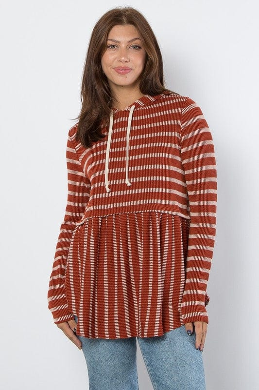 Be Stage Full Size Drawstring Striped Babydoll Hoodie - Trendsi