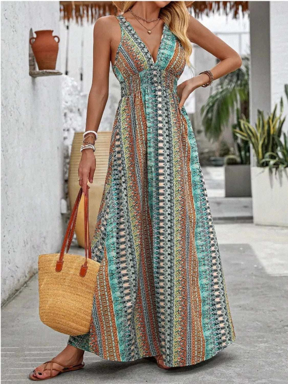 Tied Back Printed Sleeveless Maxi Slit Dress - Trendsi - Flyclothing LLC