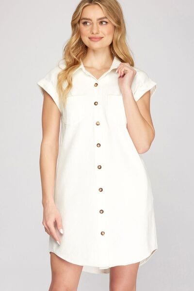 She + Sky Full Size Folded Cuff Button Down Washed Twill Shirt Dress Plus Size - Trendsi
