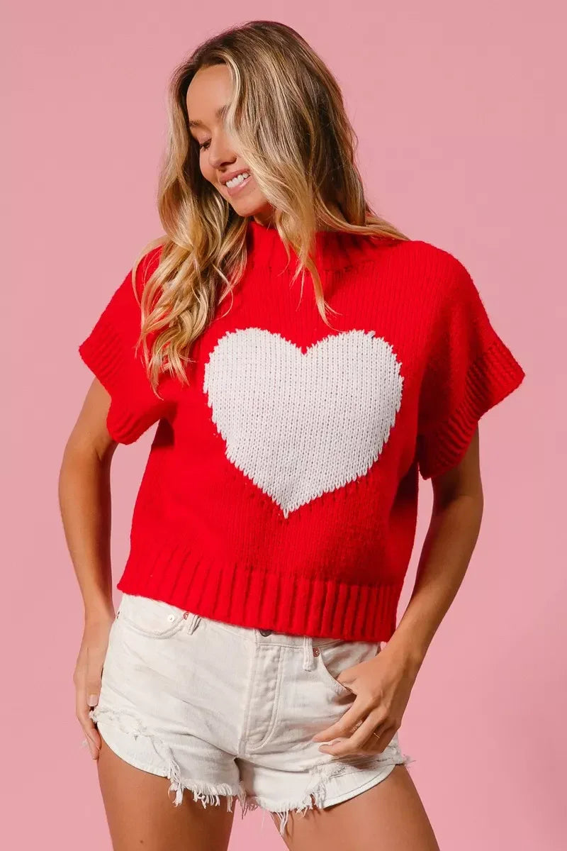 BiBi Rib Banded Heart Pattern Valentines Sweater - Trendsi - Flyclothing LLC