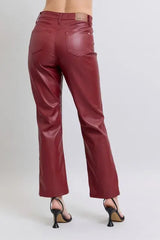 Judy Blue Full Size High Waist Tummy Control Faux Leather Straight Pants Plus Size - Trendsi - Flyclothing LLC