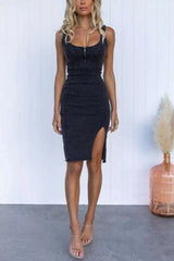 Side Slit Washed Scoop Neck Denim Dress - Trendsi - Flyclothing LLC