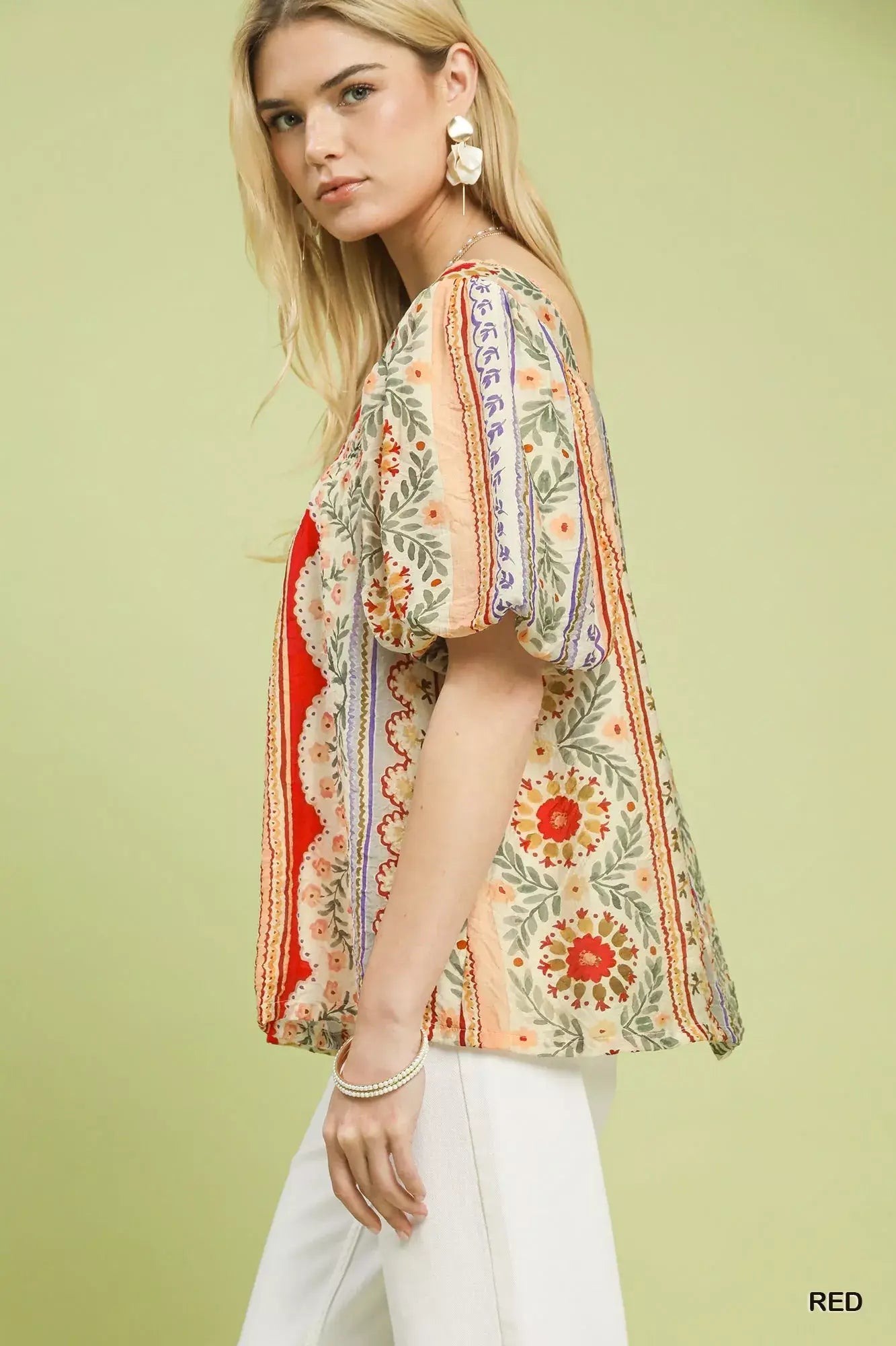 Umgee Patchwork Puff Sleeve Smocked Blouse - Trendsi - Flyclothing LLC