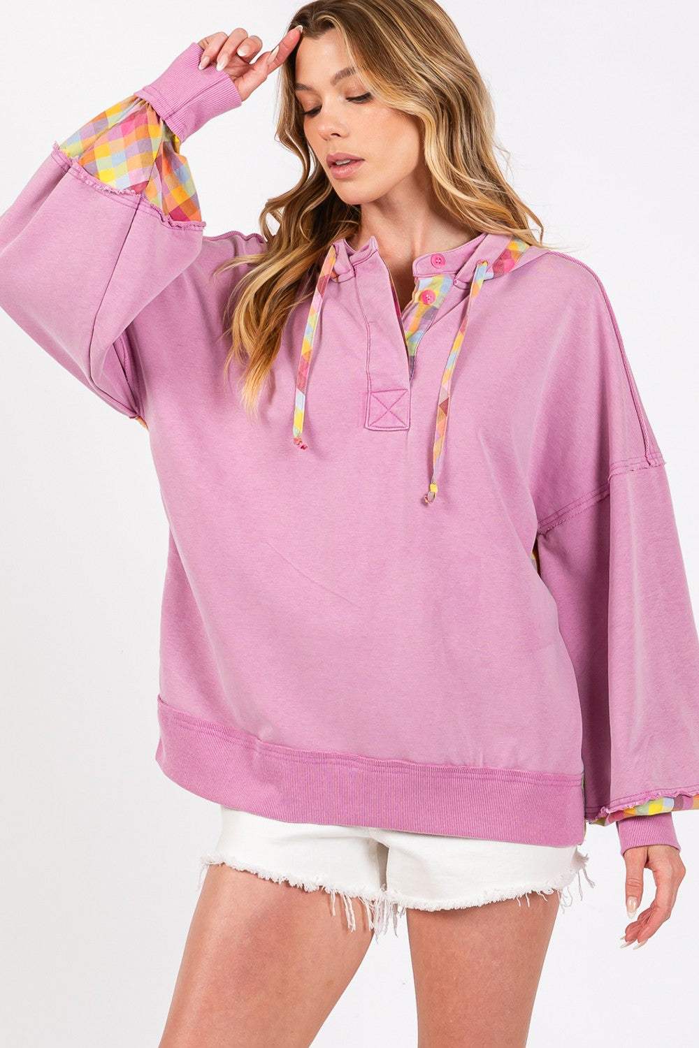 SAGE + FIG Full Size Plaid Print Washed Hoodie - Trendsi - Flyclothing LLC
