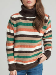Contrast Stripes Turtleneck Long Sleeve Sweater - Trendsi
