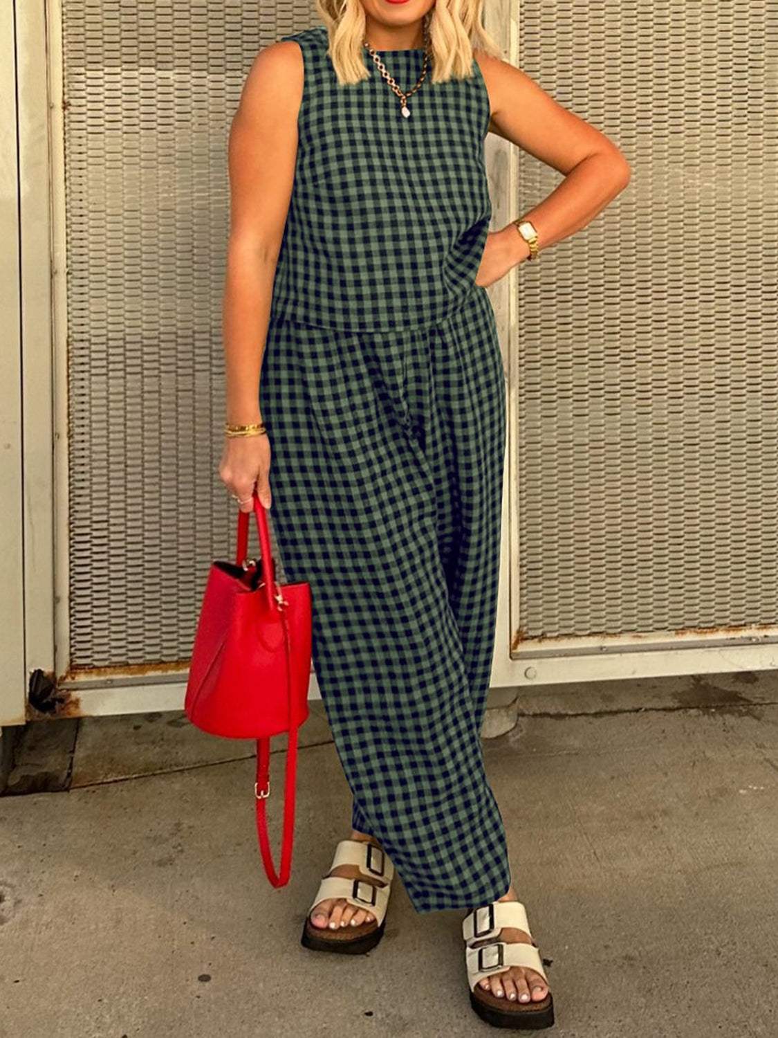 Lovelet Plaid Round Neck Sleeveless Top and Pants Set - Trendsi - Flyclothing LLC