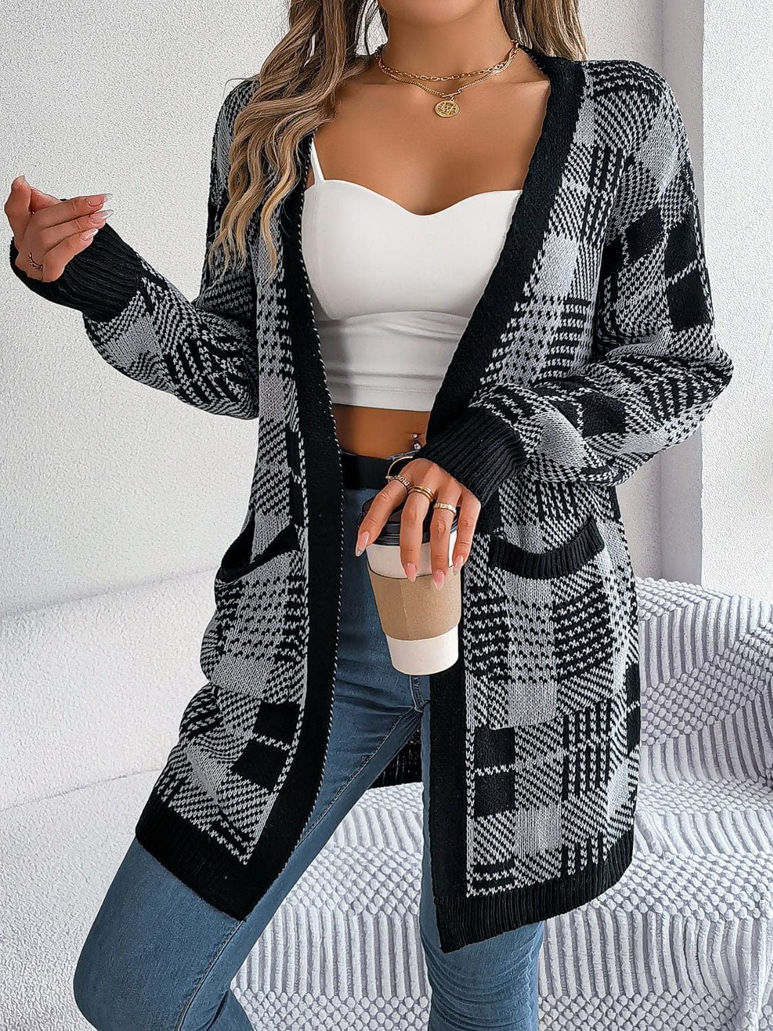 Plaid Open Front Long Sleeve Cardigan - Trendsi
