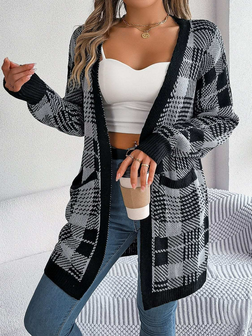 Plaid Open Front Long Sleeve Cardigan - Trendsi - Flyclothing LLC