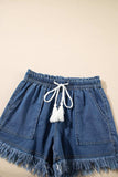 Raw Hem Drawstring High Waist Denim Shorts with Pockets - Trendsi - Flyclothing LLC