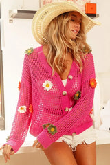 BiBi Flower Patches Open Knit Sweater Cardigan - Trendsi - Flyclothing LLC