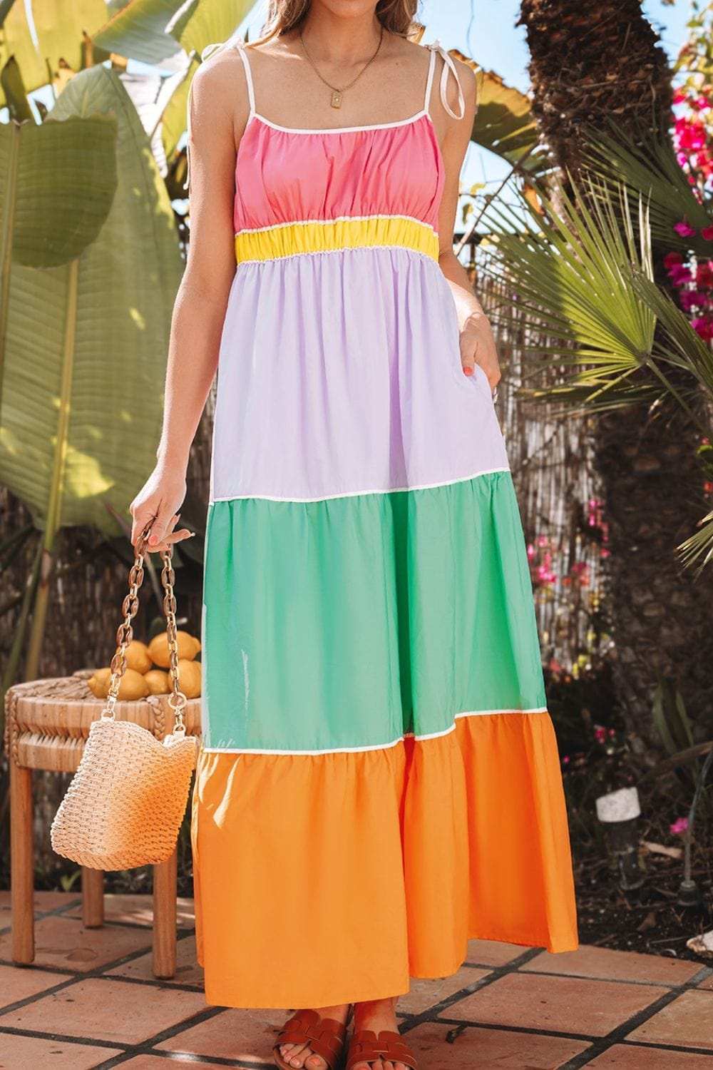 Color Block Flowy Tiered Maxi Dress with Pockets - Trendsi - Flyclothing LLC