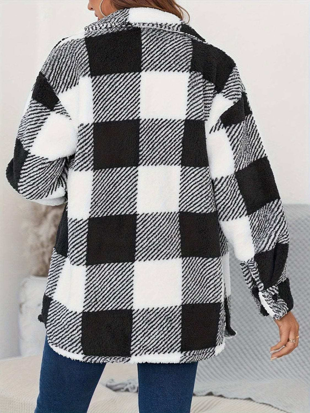 Plaid Button Up Long Sleeve Fuzzy Outerwear - Trendsi - Flyclothing LLC