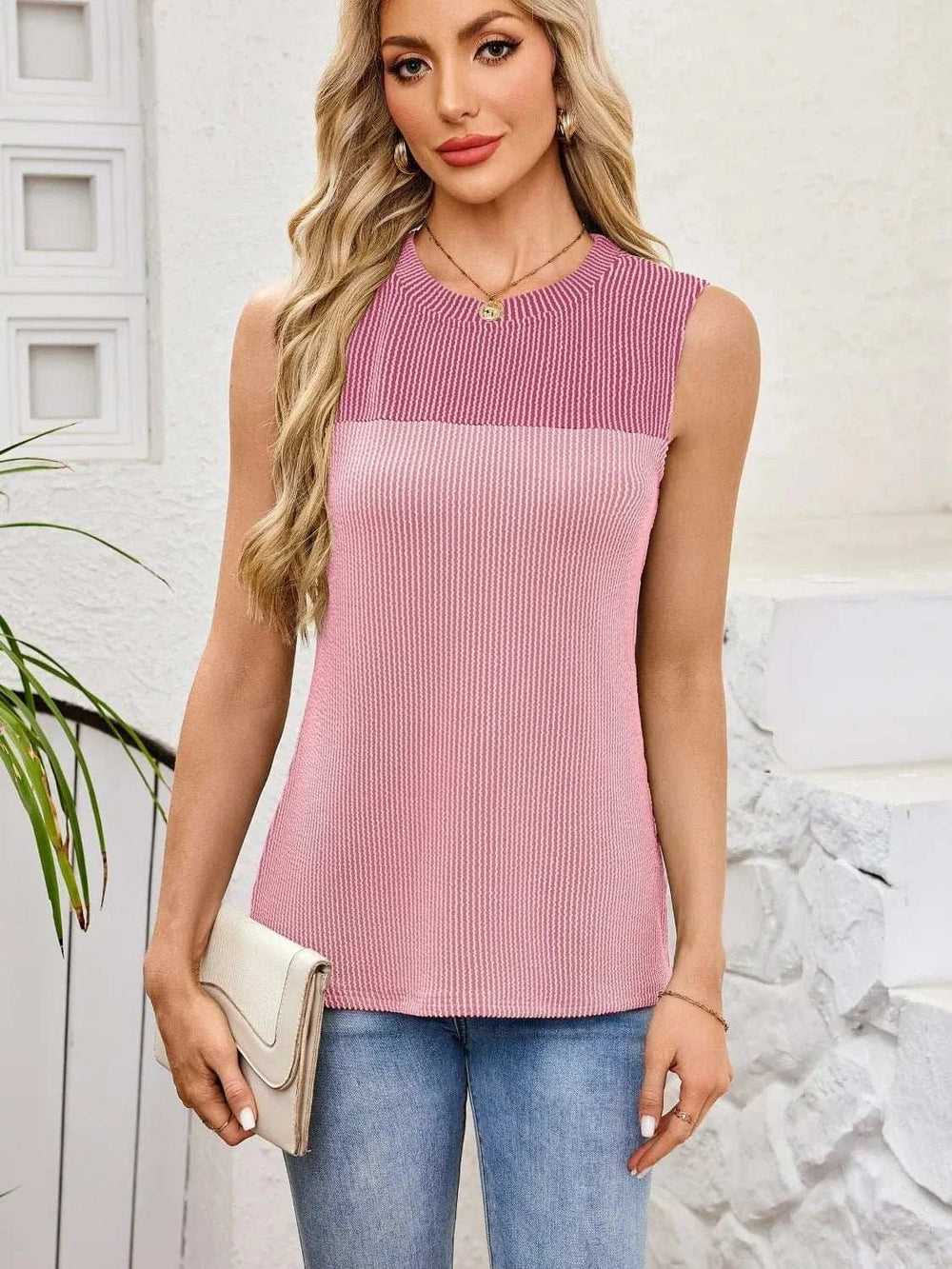 Textured Round Neck Tank - Trendsi - Flyclothing LLC