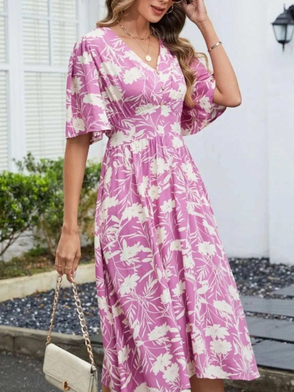 Printed V-Neck Flutter Sleeve Dress - Trendsi - Flyclothing LLC
