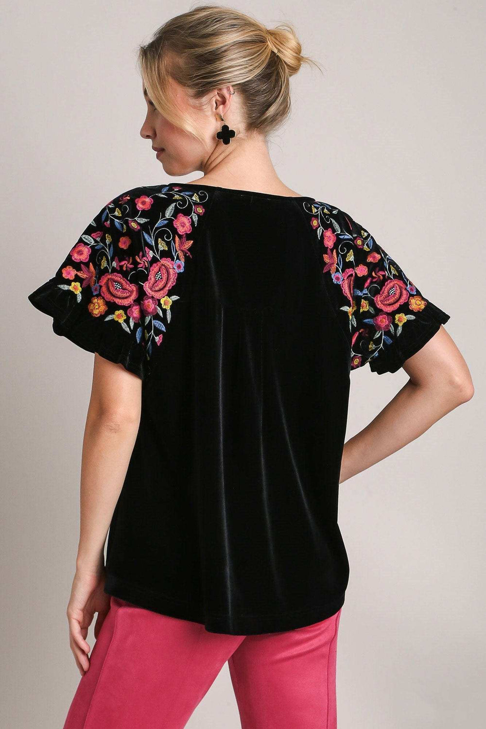 Umgee Full Size Velvet Embroidery Short Sleeve Blouse - Trendsi - Flyclothing LLC